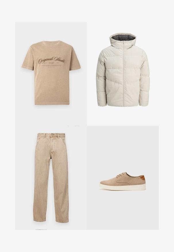 Leichte gepolsterte Jacke in hellbeige mit hohem Kragen und Reißverschluss. Verfügt über ein gestepptes Design und elastische Bündchen. Leichter Stoff.; Beiger Baumwoll-T-Shirt mit kurzen Ärmeln, das einen braunen Vintage-Druck zeigt, auf dem "Originals Studio" steht, sowie zusätzlichem Text darunter.; Beige Denim-Jeans mit geradem Beinschnitt, ausgestattet mit Vordertaschen, einem Metallknopfverschluss und feiner Textur.; Beige Wildleder-Sneaker mit runder Zehenpartie, Schnürung und strukturiertem Rückenteil. Die weiße Gummisohle sorgt für einen Kontrast. Einfaches und modernes Design.