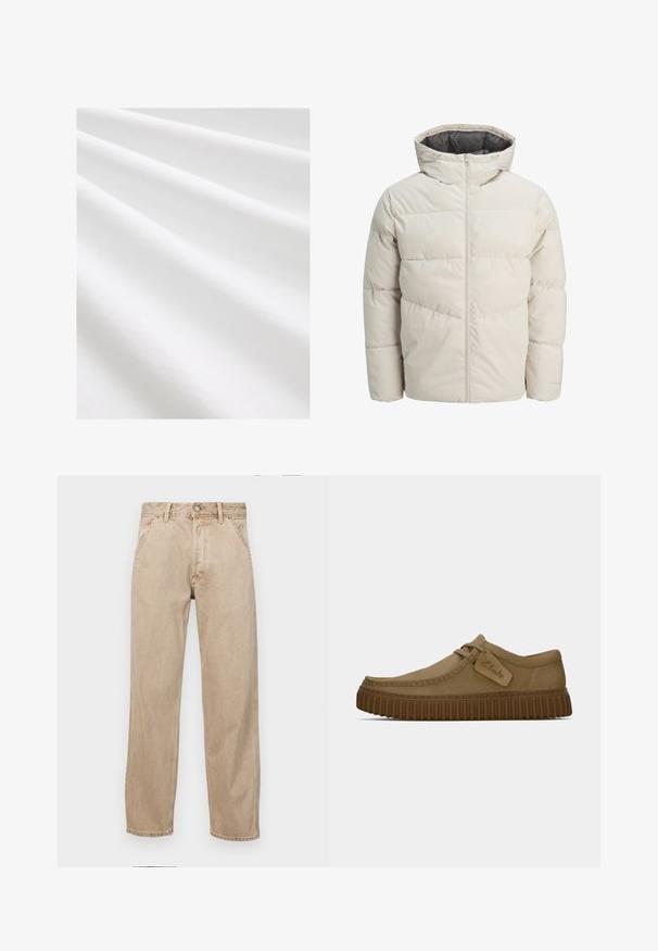 Leichte gepolsterte Jacke in hellbeige mit hohem Kragen und Reißverschluss. Verfügt über ein gestepptes Design und elastische Bündchen. Leichter Stoff.; Baumwollstoff, weiße Farbe, glatte Textur mit subtilen Falten und Knicken. Gleichmäßige Oberfläche, leicht reflektierend, ohne Muster oder Akzente.; Beige Denim-Jeans mit geradem Beinschnitt, ausgestattet mit Vordertaschen, einem Metallknopfverschluss und feiner Textur.; Hellbraune Wildlederschuhe mit runder Zehenpartie, genähten Details und einer gerippten braunen Gummisohle. Mit einem Seitenschild mit dem "Clarks"-Logo.