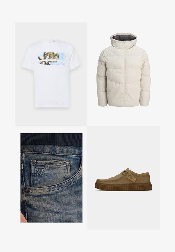 Pružná bunda svetlej béžovej farby s vysokým golierom a zipsom. Má prešívaný dizajn a elastické manžety. Ľahký materiál.; Biela bavlnená tričko so farebnou grafikou joshua stromu a modrej oblohy. Krátke rukávy, okrúhly výstrih a voľný strih.; Modré rifľové nohavice so svetlým efektom, vybavené mincovníkom a čiernym logom na prednej strane. Pás je z tmavomodrej rebrovanej tkaniny.; Svetlohnedé semišové topánky s okrúhlym špičkou, prešitou detailnou úpravou a ribbovanou hnedou gumovou podrážkou. Obsahujú bočný štítok s logom "Clarks".