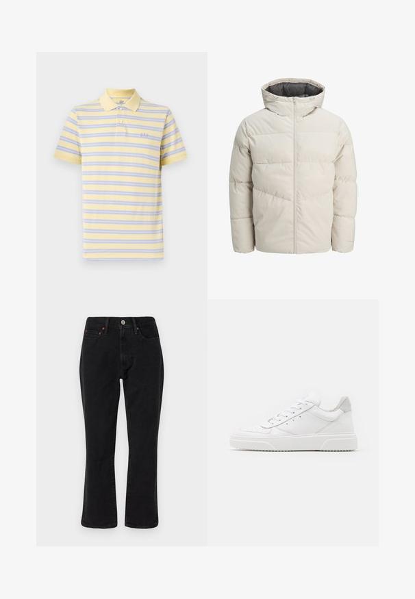 Vaatteet, joissa on vaahtomuovilla vuorattuja takkeja vaaleanbeige värissä, joissa on korkea kaulus ja vetoketjukiinnitys. Takissa on tikattu malli ja elastiset hihansuut. Kevyt kangas.; Lyhythemmäinen polo-paita pehmeässä keltaisessa, jossa on violetteja ja sinisiä vaakaraitoja. Sisältää klassisen kaulahalkion ja brodeeratun "GAP"-logon rinnassa.; Musta farkkushortit, joissa on suora lahkeiden muotoilu, viisi taskua ja metalliset yksityiskohdat kupariakkenteilla. Tasainen pinta ja keskipitkä vyötärö.; Valkoiset nahkakengät, joissa on sileä pinta, pyöreä kärki, litteät nauhat ja teksturoitu pohja. Harmaa mokkanahka korostaa kantapäätä.