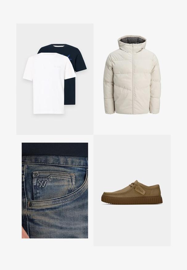 Polstret jakke i lys beige farve med høj krave og lynlås. Har et quiltet design og elastiske manchetter. Letvægtsstof.; To crew neck t-shirts: en hvid med lys tekst, en navy blå med grafisk print. Begge er kortærmede og lavet af blødt stof.; Blå denimjeans med en falmet tekstur, med en møntlomme og en sort logodetalje foran. Taljebåndet er af mørk marineblåt ribstrikket stof.; Lysebrune ruskindsko med rund tå, syet detaljer og en ribbet brun gummisål. Har et sidemærke med "Clarks" logo.