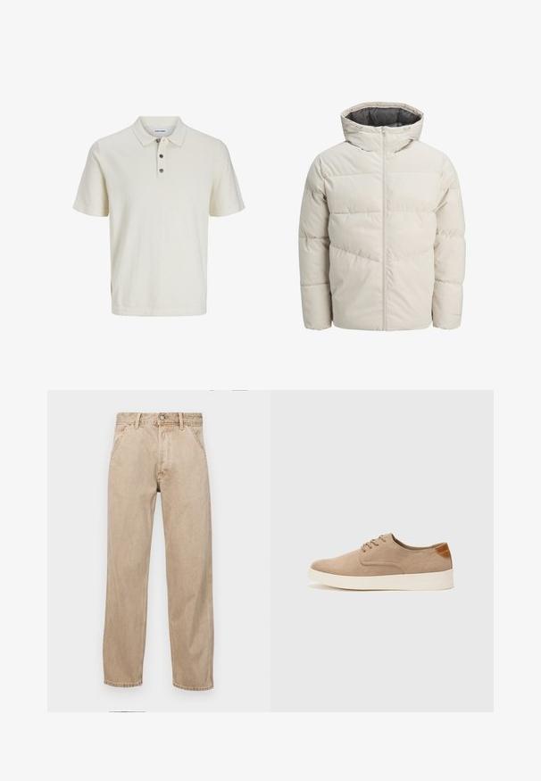 Párnázott dzseki világos bézs színben, magas gallérral és cipzáras záródással. Steppelt dizájn és rugalmas mandzsetta jellemzi. Könnyű anyag.; Fehér, rövid ujjú pólóing, puha, textúrált anyagból készítve, galléros nyakkal és három sötét gombbal a nyakkivágásnál.; Beige színű farmernadrág egyenes fazonnal, elülső zsebekkel, fém gombos záródással és diszkrét textúrával.; Beige velúr sportcipő, kerek orral, fűzős elülső résszel és textúrált hátsó részlettel. Fehér gumitalp kontrasztot ad. Egyszerű és modern design.