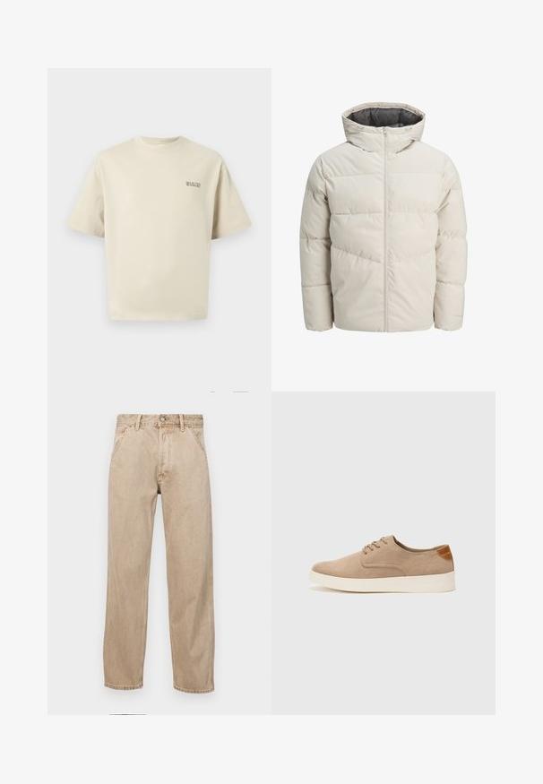 Vadderad jacka i ljusbeige färg med hög krage och dragkedjestängning. Har en quiltad design och elastiskaärmavslut. Lättviktsmaterial.; Beige bomull t-shirt med korta ärmar, rundad halsringning, och en liten "SELECTED"-logotyp på vänster bröst. Slät textur.; Beige denimjeans med rak passform, som har framfickor, metallknappstängning och subtil textur.; Beige mockasinsneakers med rund tå, snörning fram och texturerad bakaxel. Vit gummisula ger kontrast. Enkelt och modernt design.