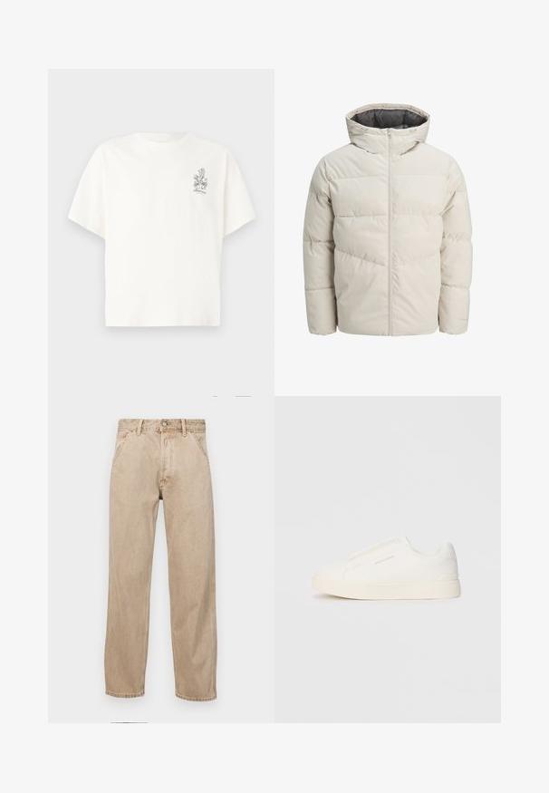 Leichte gepolsterte Jacke in hellbeige mit hohem Kragen und Reißverschluss. Verfügt über ein gestepptes Design und elastische Bündchen. Leichter Stoff.; Weißes Baumwoll-T-Shirt mit einer lockeren Passform, kurzen Ärmeln und einem kleinen schwarzen Blumenmotiv auf der linken Brust. Weiche Textur.; Beige Denim-Jeans mit geradem Beinschnitt, ausgestattet mit Vordertaschen, einem Metallknopfverschluss und feiner Textur.; Weiße Slip-On-Sneaker mit einer strukturierten Oberfläche, dicker Sohle und minimalistischem Design. Mit Logo der Marke an der Seite.