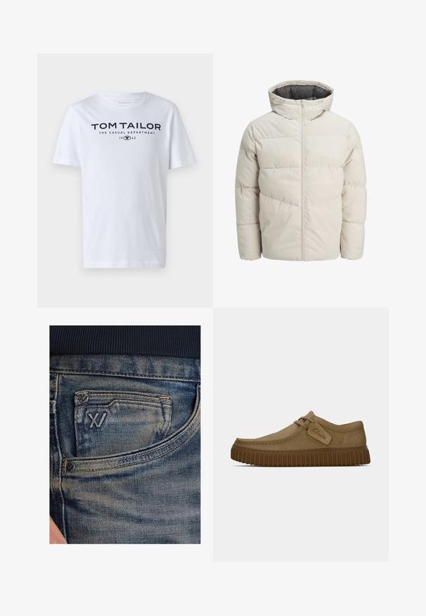 Leichte gepolsterte Jacke in hellbeige mit hohem Kragen und Reißverschluss. Verfügt über ein gestepptes Design und elastische Bündchen. Leichter Stoff.; Weißes Baumwoll-T-Shirt mit Rundhalsausschnitt, kurzen Ärmeln und navyfarbener Schrift, die "TOM TAILOR THE CASUAL DEPARTMENT 1962" lautet.; Blaue Jeans aus Denim mit einem ausgeblichenen Muster, ausgestattet mit einer Münztasche und einem schwarzen Logo-Akzent auf der Vorderseite. Der Bund besteht aus dunkelblauem, geripptem Stoff.; Hellbraune Wildlederschuhe mit runder Zehenpartie, genähten Details und einer gerippten braunen Gummisohle. Mit einem Seitenschild mit dem "Clarks"-Logo.