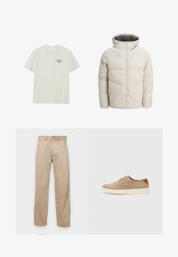 Polstret jakke i lys beige farve med høj krave og lynlås. Har et quiltet design og elastiske manchetter. Letvægtsstof.; Lysecremet bomulds t-shirt med korte ærmer. Har et lille blåt og rødt grafisk motiv af en marlin samt teksten "MARLIN TROPHY".; Beige denimjeans med lige bendesign, med forlommer, metalknaplukning og subtil struktur.; Beige ruskinds sneakers med rund tå, snørebånd foran og en struktureret rygdetalje. Hvid gummisål giver kontrast. Enkel og moderne design.