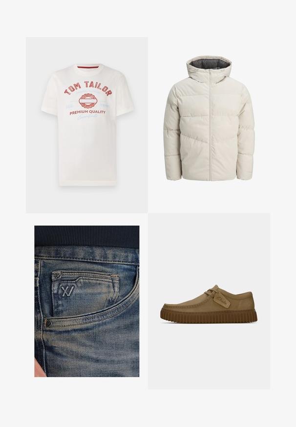 Padded jacket in light beige color with a high collar and zip closure. Features a quilted design and elastic cuffs. Lightweight fabric.; Biała bawełniana koszulka z czerwonym i niebieskim nadrukiem, zawierająca napis "TOM TAILOR", okrągłe logo oraz tekst "PREMIUM QUALITY" w różnych czcionkach.; Niebieskie dżinsy z denimu o wyblakłej fakturze, z kieszonką na monety i czarnym logo na przodzie. Pas wykonany z ciemnogranatowej dzianiny prążkowanej.; Jasnobrązowe zamszowe buty z okrągłym noskiem, z przeszyciami i brązową gumową podeszwą o żebrowanej fakturze. Posiadają boczną metkę z logo "Clarks".