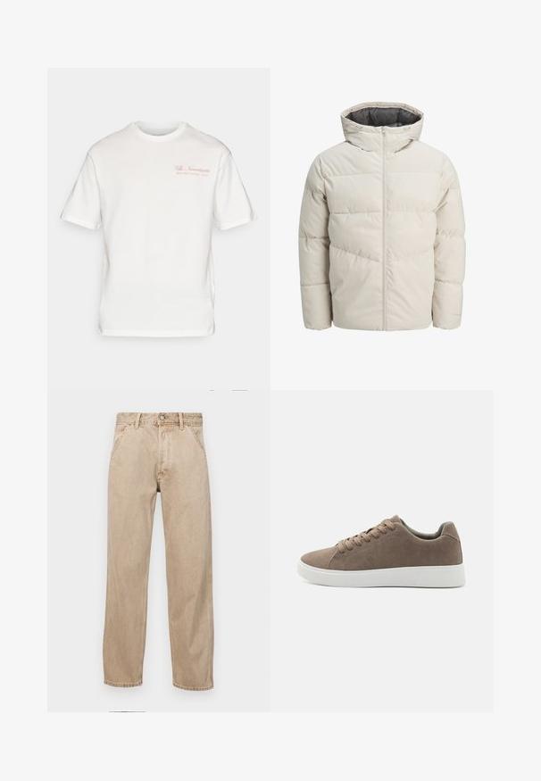 Chaqueta acolchada en color beige claro con un alto cuello y cierre de cremallera. Presenta un diseño acolchado y puños elásticos. Tejido ligero.; Camiseta de algodón blanca con mangas cortas, cuello redondo y texto en la parte delantera en rosa claro que dice "Villa Novantasette SELECTED VACANZA XCVII".; Jeans de mezclilla beige con un diseño de pierna recta, que cuentan con bolsillos frontales, cierre de botón de metal y una textura sutil.; Zapatillas de ante marrón con suelas de goma blanca planas, diseño de cordones, punta redondeada y una textura suave. Estilo minimalista con sutiles detalles de costura.