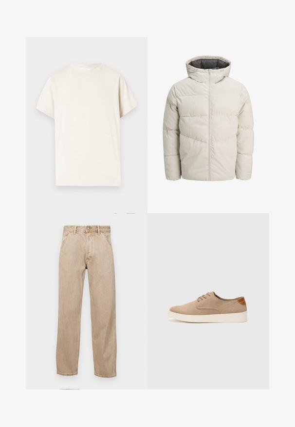 Zateplená bunda ve světle béžové barvě s vysokým límcem a zipovým uzávěrem. Obsahuje prošívaný design a elastické manžety. Lehce svršek.; Světle béžové tričko s krátkými rukávy. Vyrobeno z měkké látky, má kulatý výstřih a volný střih. Hladká textura, bez vzorů a zdobení.; Béžové džíny z denimu se středně širokým střihem, vybavené předními kapsami, kovovým zapínáním na knoflík a jemnou texturou.; Béžové semišové tenisky s kulatou špičkou, šněrováním vpředu a texturovaným zadním akcentem. Bílá gumová podrážka poskytuje kontrast. Jednoduchý a moderní design.