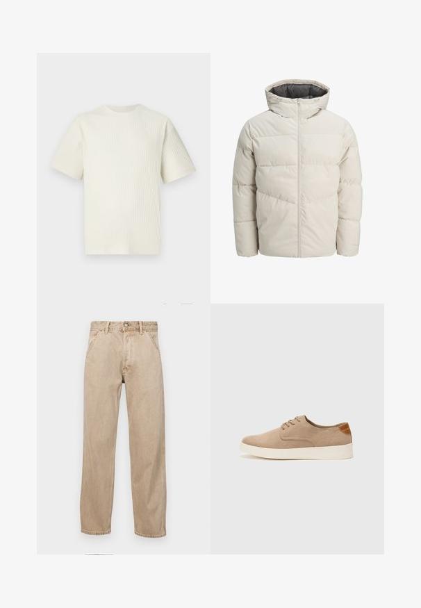Zateplená bunda ve světle béžové barvě s vysokým límcem a zipovým uzávěrem. Obsahuje prošívaný design a elastické manžety. Lehce svršek.; Světle béžové žebrované tričko s krátkými rukávy a kulatým výstřihem, vystavené na jednoduchém bílém pozadí.; Béžové džíny z denimu se středně širokým střihem, vybavené předními kapsami, kovovým zapínáním na knoflík a jemnou texturou.; Béžové semišové tenisky s kulatou špičkou, šněrováním vpředu a texturovaným zadním akcentem. Bílá gumová podrážka poskytuje kontrast. Jednoduchý a moderní design.