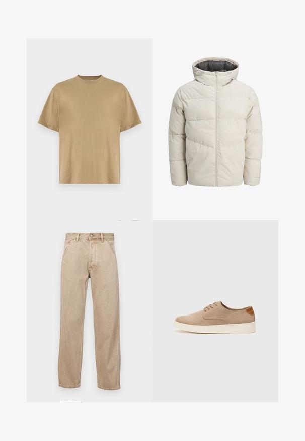 Polstret jakke i lys beige farve med høj krave og lynlås. Har et quiltet design og elastiske manchetter. Letvægtsstof.; Khaki kortærmet T-shirt lavet af blødt stof, med rund halsudskæring og en afslappet pasform. Ingen mønstre eller grafik er synlige.; Beige denimjeans med lige bendesign, med forlommer, metalknaplukning og subtil struktur.; Beige ruskinds sneakers med rund tå, snørebånd foran og en struktureret rygdetalje. Hvid gummisål giver kontrast. Enkel og moderne design.