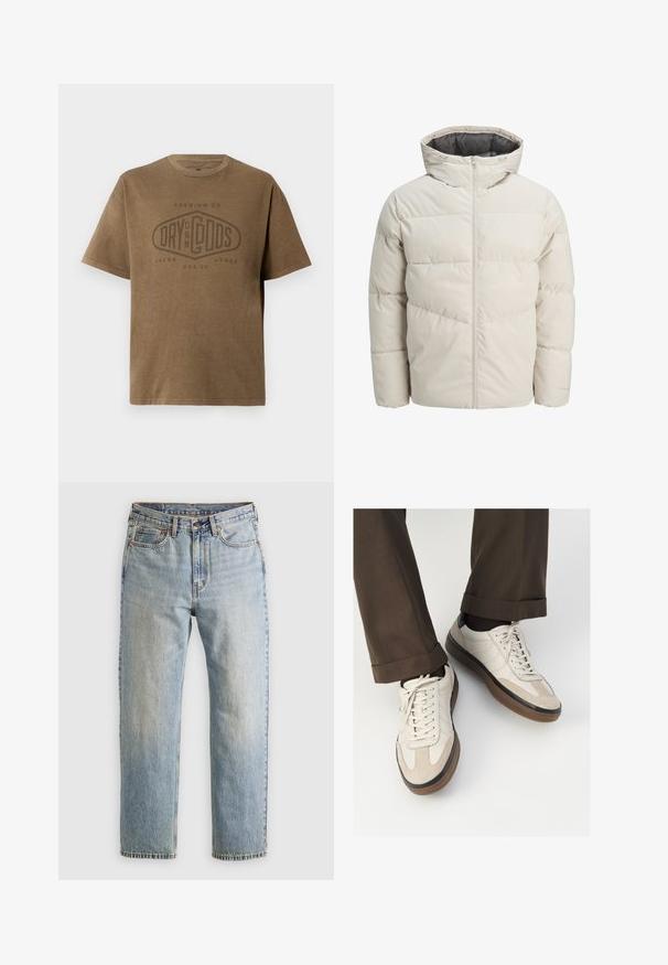 Vaatteet, joissa on vaahtomuovilla vuorattuja takkeja vaaleanbeige värissä, joissa on korkea kaulus ja vetoketjukiinnitys. Takissa on tikattu malli ja elastiset hihansuut. Kevyt kangas.; Ruskea lyhythihainen T-paita, jossa on pyöreä kaula-aukko ja haalistunut logo-teksti "Premium Co. Dry On My Gods Jack & Jones Est. 90" painettuna etupuolelle.; Vaaleansininen farkut, joissa on korkea vyötärö, etunappi, vetoketju ja viisi taskua, asetettu tasaisesti neutraalille taustalle.; Beige tennarit, joissa on teksturoidut mokkasiinimaiset etuosat, sileät nahkasaumat ja ruskea kumipohja. Narut ja vaaleat ompelutiedot mukana.