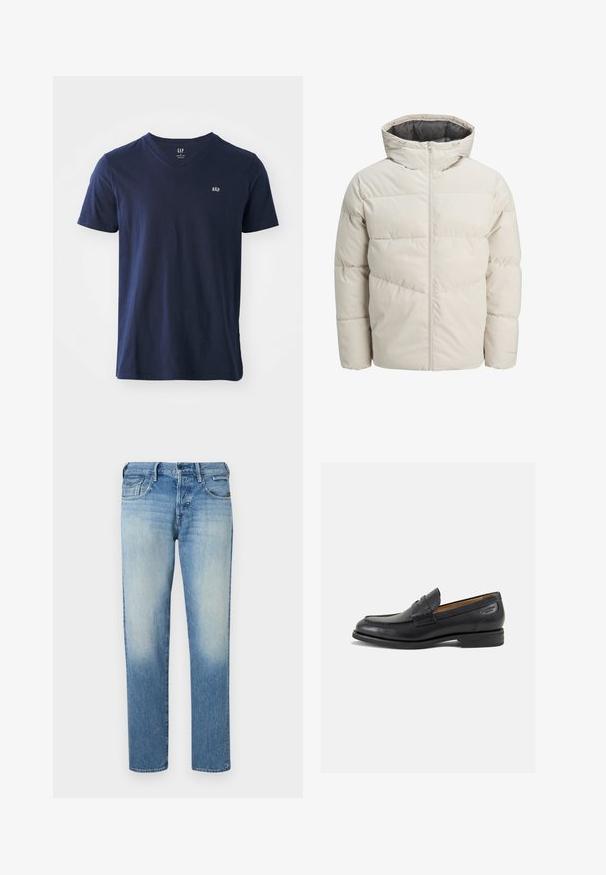 Giacca imbottita di colore beige chiaro con colletto alto e chiusura con zip. Presenta un design trapuntato e polsini elasticizzati. Tessuto leggero.; T-shirt in cotone blu navy con scollatura a V, maniche corte e un piccolo logo ricamato sul petto. Texture morbida e design casual.; Jeans in denim blu chiaro con una finitura sbiadita, gambe a gamba dritta, cinque tasche e chiusura con bottone. Dettagli cuciti e etichetta del marchio sul retro.; Mocassini in pelle nera con finitura liscia, punta arrotondata e cuciture decorative sulla tomaia. Tacco basso impilato e leggero lucido.