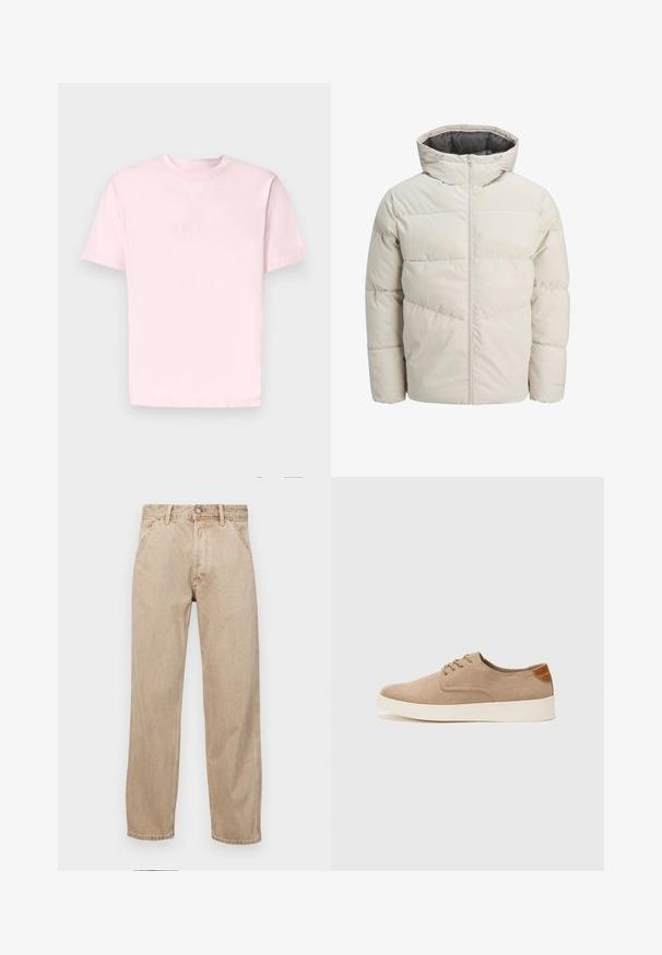 Pružná bunda svetlej béžovej farby s vysokým golierom a zipsom. Má prešívaný dizajn a elastické manžety. Ľahký materiál.; Jack & Jones JORVESTERBRO CREW NECK - Tričko s potlačou - fairy tale; Bežové denimové rifle so strihom rovného nohu, s prednými vreckami, kovovým zapínaním na gombík a jemnou textúrou.; Béžové semišové tenisky s okrúhlou špičkou, šnurovaním vpredu a textúrovaným zadným akcentom. Biela gumová podrážka poskytuje kontrast. Jednoduchý a moderný dizajn.