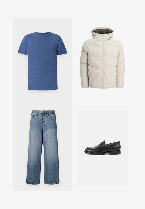 Padded jacket in light beige color with a high collar and zip closure. Features a quilted design and elastic cuffs. Lightweight fabric.; Blue short-sleeve t-shirt made of a textured fabric. Features a classic crew neck and a relaxed fit, with no visible patterns or accents.; Wide-leg blue denim jeans with a faded wash, five-pocket design, and a button closure. Equipped with belt loops and stitched detailing.; Black leather loafers with a smooth finish, rounded toe, and decorative stitching on the vamp. Low stacked heel and slight shine.