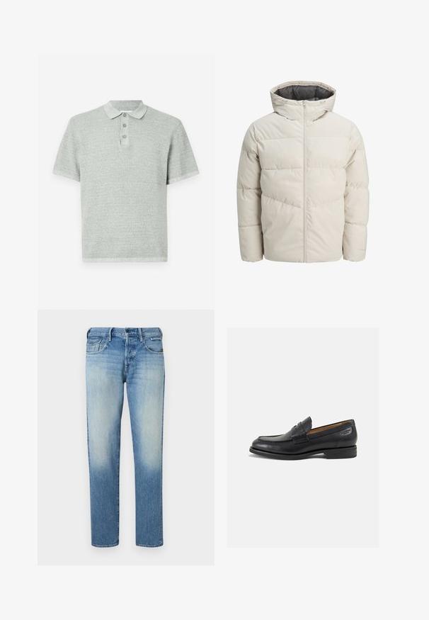 Padded striukė šviesiai bežinės spalvos su aukštu apykakliu ir užtrauktuku. Turi siuvinėtą dizainą ir elastingus rankogalius. Lengvas audinys.; Šviesiai pilka trumpomis rankovėmis polo marškinėliai, pagaminti iš tekstūruotos medžiagos. Ilgis tiesus, su apykakle ir trimis mygtukais.; Mėlynos ir baltos dryžuotos marškiniai su galu, ilgomis rankovėmis ir tiesiu apvadu. Minkšta medžiaga ir klasikinis siluetas.; Šviesiai mėlynos džinsinės kelnės su nusidėvėjusiu efektu, tiesios kirpimo kojos, penki kišenės ir mygtuko uždarymas. Siuvinėtos detalės ir prekės ženklo etiketė ant nugaros.; Juodi odiniai loafersai su lygiu paviršiumi, apvaliu pirštu ir dekoratyvine siūlė viršuje. Žemas sustiprintas kulnas ir lengvas blizgesys.