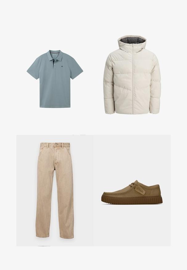 Vaatteet, joissa on vaahtomuovilla vuorattuja takkeja vaaleanbeige värissä, joissa on korkea kaulus ja vetoketjukiinnitys. Takissa on tikattu malli ja elastiset hihansuut. Kevyt kangas.; Vaaleansininen poolopaita, jossa on klassinen kaulus, kaksinappinen etuosa ja kontrastivärinen tummansininen sisäkaulus. Lyhyet hihat, joissa on siistit saumat.; Beige farkkuhousut suoranlahkeisella muotoilulla, joissa on etutaskut, metallinen nappisulku ja hillitty rakenne.; Vaaleanruskeat mokkakengät, joissa on pyöreä kärki, ommeltuja yksityiskohtia ja uritettu ruskea kumipohja. Kengissä on myös sivulappu, jossa on "Clarks"-logo.