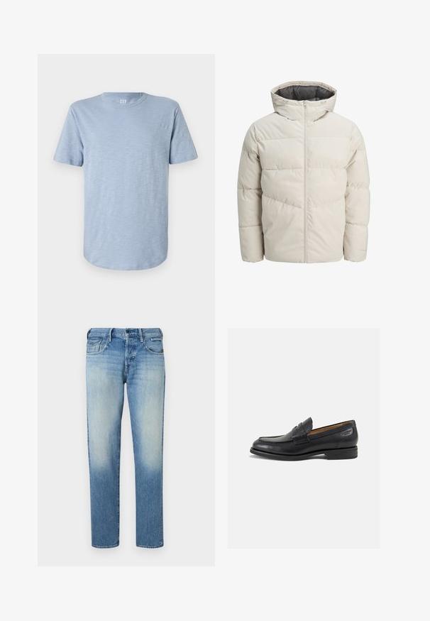 Polstret jakke i lys beige farve med høj krave og lynlås. Har et quiltet design og elastiske manchetter. Letvægtsstof.; Lys blå kortærmet T-shirt lavet af blødt stof, med rund hals og en lige kant med en subtil tekstur.; Lys blå denim jeans med en falmet finish, lige ben, fem lommer og knaplukning. Syninger og mærke på bagsiden.; Sorte læder loafers med en glat finish, rund tå og dekorativ syning på vampen. Lav stablet hæl og let glans.