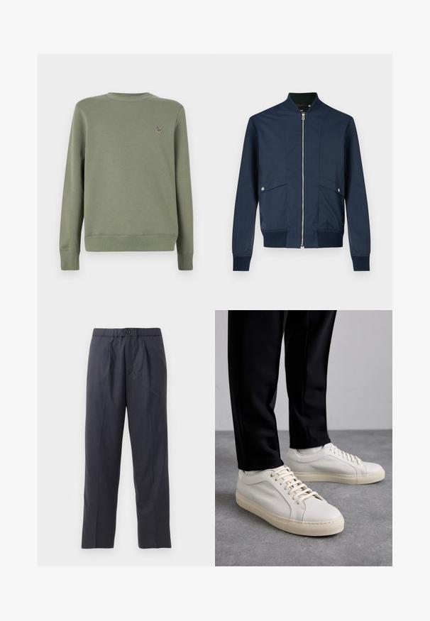Navy blue bomber jacket made of smooth fabric, featuring a zip front, ribbed collar and cuffs, and two front pockets with silver hardware.; Olive green sweatshirt made of soft cotton blend. Features long sleeves, a round neck, and a small embroidered logo on the chest.; Dark navy trousers made of soft fabric with a pleated front design and elastic waistband. Features a button closure and straight-leg cut.; Light beige leather sneakers with flat laces, a textured surface, and a contrasting cream-colored rubber sole, paired with black tapered pants.