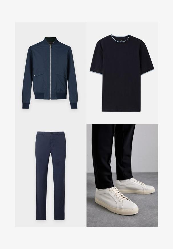 Giubbotto bomber blu navy realizzato in tessuto liscio, con chiusura frontale con zip, collo e polsini a costine, e due tasche frontali con dettagli in metallo color argento.; T-shirt a maniche corte di colore blu scuro con scollo rotondo, caratterizzato da dettagli azzurri al colletto e sulle maniche. Realizzato in morbido tessuto di cotone.; Pantaloni blu navy realizzati in tessuto leggero, con design a gamba dritta, chiusura frontale con bottone e tasche laterali.; Sneaker in pelle beige chiaro con lacci piatti, superficie texturizzata e suola in gomma di colore crema in contrasto, abbinati a pantaloni neri a sigaretta.