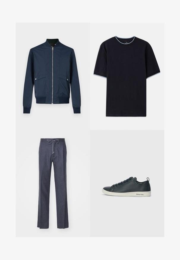 Veste bomber bleu marine en tissu lisse, dotée d'une fermeture éclair à l'avant, d'un col et de poignets côtelés, ainsi que de deux poches frontales avec des détails métalliques argentés.; T-shirt à manches courtes bleu foncé avec un col rond, présentant un accent bleu clair au niveau du col et des manches. Fabriqué en tissu en coton doux.; LARDINI Pantalon classique - grey; Baskets en cuir marine foncé avec une finition lisse, bout rond, laçage à six œillets et semelle en caoutchouc blanche contrastante. Affiche un logo sur le côté.