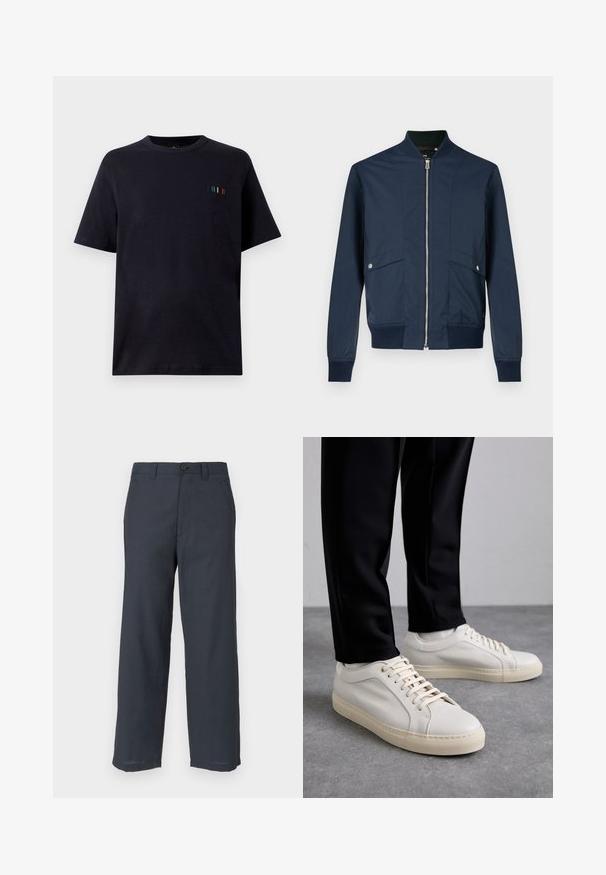 Navy blue bomber jacket made of smooth fabric, featuring a zip front, ribbed collar and cuffs, and two front pockets with silver hardware.; Black short-sleeve t-shirt made from soft cotton, featuring a small embroidered accent with vertical lines in blue, green, and red.; Navy blue trousers made of smooth fabric, featuring a straight-leg cut, two front pockets, and a single button closure.; Light beige leather sneakers with flat laces, a textured surface, and a contrasting cream-colored rubber sole, paired with black tapered pants.