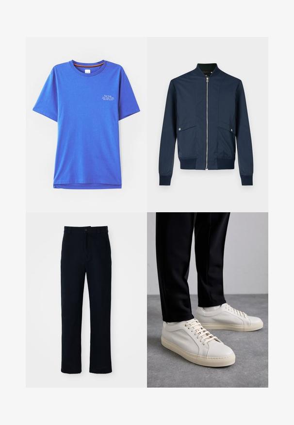 Tamsiai mėlyna bombonešio striukė iš lygios medžiagos, turinti užtrauktuką priekyje, riboto apykaklę ir rankogalius bei dvi priekinės kišenės su sidabrine apdaila.; Mėlynos spalvos medvilninė marškinė su trumpomis rankovėmis, apvaliu kaklu, su baltais spaudiniais viršutiniame kairiajame kampe. Lygi tekstūra ir laisvas kirpimas.; Tamsiai mėlynos medvilninės kelnės, turinčios tiesioginį kirpimą, priekyje užsegamos mygtuku ir klasikine juosta su dirželio kilpom.; Šviesūs smėlio spalvos odiniai sportbačiai su plokščiomis raišteliais, tekstūruotu paviršiumi ir kontrastinga kreminės spalvos gumine padu, derinami su juodomis siaurėjančiomis kelnėmis.