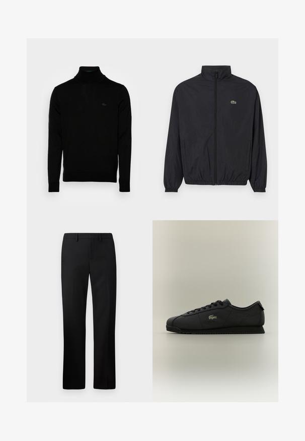 Melna viegla jaka ar stāvu apkakli, priekšējo rāvējslēdzēju, elastīgām piedurknēm un apakšu. Jaka ir ar mazu zaļu Lacoste logo uz krūšu.; Melnas krekliņš ar augstu apkakli, ribota tekstūra, garas piedurknes, pieguļošs dizains, diskrēts Lacoste logo krūšu rajonā, vidēji smaga adīta auduma.; Melnas pielāgotas bikses ar taisnu kāju dizainu, izgatavotas no gludas auduma. Iespējas ietver plakanu priekšpusi un vidēja augstuma jostas vietu.; Melnas zemas tenisa kedas ar šņorēm priekšpusē, teksturēta zole un zelta krokodila logo sānos.