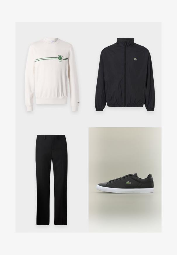 Giacca leggera nera con colletto alto, zip frontale, polsini elastici e orlo. Presenta un piccolo logo verde Lacoste sul petto.; Felpa bianca a girocollo realizzata in cotone, con un motivo a strisce verdi e logo sul petto. Polsini e orlo a costine.; Pantaloni neri su misura con design a gamba dritta, realizzati in tessuto morbido. Presentano un davanti piatto e una vita alta media.; Sneaker nere in pelle con suola in gomma bianca, dotate di logo verde a forma di coccodrillo e lacci rotondi, design elegante con texture liscia.