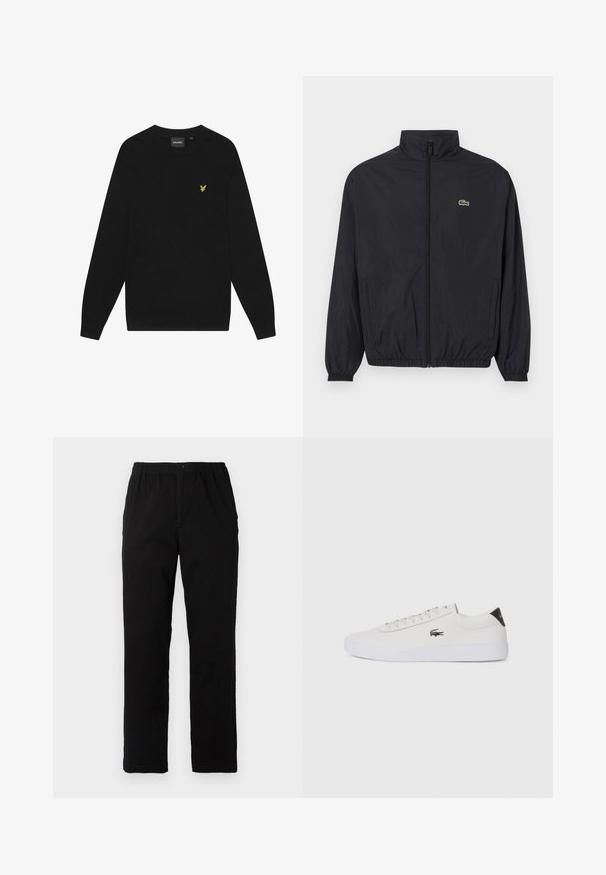 Čierna ľahká bunda s stojatým golierom, predným zipsom, elastickými manžetami a lemom. Obsahuje malé zelené logo Lacoste na hrudi.; Čierna bavlnená mikina s dlhými rukávmi a okrúhlym výstrihom. Obsahuje malú žltú orlovú nášivku na hrudi. Mäkká textúra.; Čierne nohavice vyrobené z bavlnenej zmesi, so strihom rovného strihu, elastickým pásom s gombíkom a bez viditeľných vzorov alebo akcentov.; Biele kožené tenisky s okrúhlou špičkou, šnurovaním vpredu a čiernym akcentom na päte. Obsahujú malé vyšívané logo krokodíla na boku.