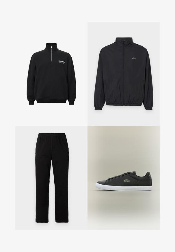 Černá lehká bunda s vysokým límcem, předním zipem, elastickými manžetami a lemem. Na hrudi se nachází malé zelené logo Lacoste.; Černá mikina s vysokým límcem a půlzipem, s bílým potiskem textu na levé hrudi. Vyrobeno z bavlny, měkká textura.; Černé kalhoty vyrobené z bavlněné směsi, s rovný střih, elastickým pasem s knoflíkem a bez viditelných vzorů či akcentů.; Černé kožené tenisky s bílou gumovou podrážkou, se zeleným logem krokodýla a kulatými tkaničkami, elegantní design s hladkým povrchem.