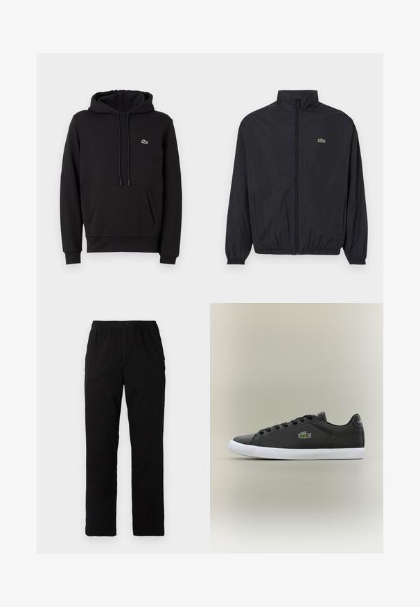Giacca leggera nera con colletto alto, zip frontale, polsini elastici e orlo. Presenta un piccolo logo verde Lacoste sul petto.; Felpa nera in cotone con tasca a marsupio frontale, cappuccio regolabile con coulisse, polsini a costine e un piccolo logo verde ricamato.; Pantaloni neri realizzati in un tessuto misto cotone, caratterizzati da un taglio dritto, vita elastica con bottone e senza motivi o dettagli visibili.; Sneaker nere in pelle con suola in gomma bianca, dotate di logo verde a forma di coccodrillo e lacci rotondi, design elegante con texture liscia.