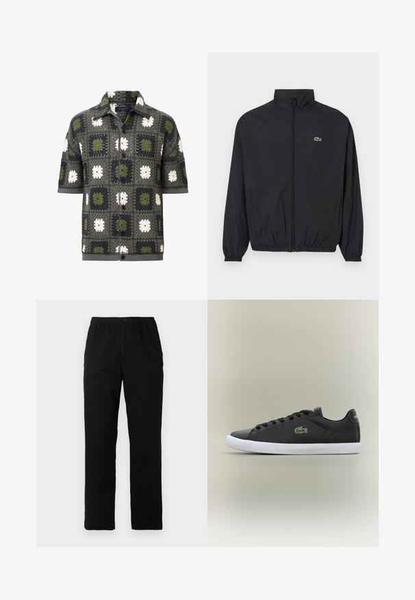 Giacca leggera nera con colletto alto, zip frontale, polsini elastici e orlo. Presenta un piccolo logo verde Lacoste sul petto.; Camicia a maniche corte con bottoni, caratterizzata da un design a patchwork di quadrati floreali verdi, grigi e bianchi, realizzata in un tessuto a maglia testurizzato.; Pantaloni neri realizzati in un tessuto misto cotone, caratterizzati da un taglio dritto, vita elastica con bottone e senza motivi o dettagli visibili.; Sneaker nere in pelle con suola in gomma bianca, dotate di logo verde a forma di coccodrillo e lacci rotondi, design elegante con texture liscia.
