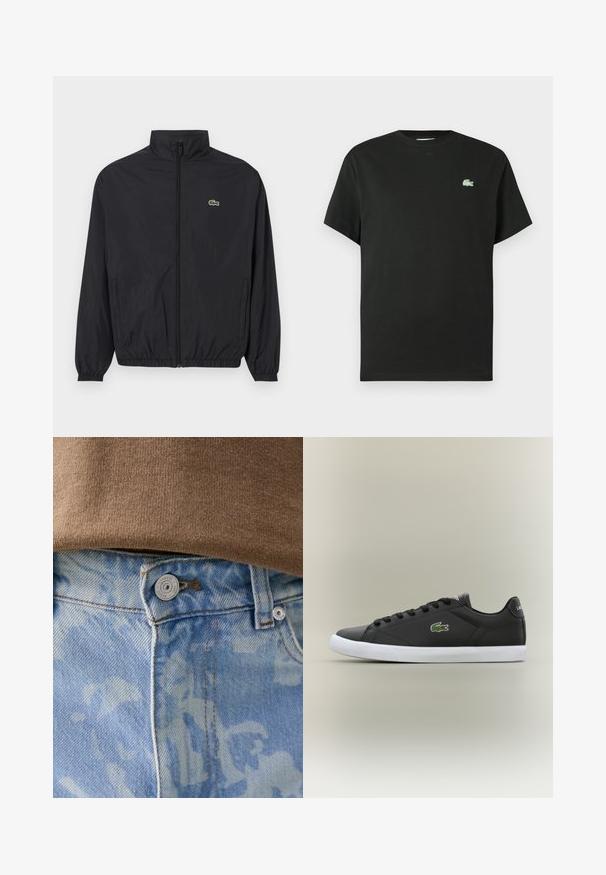 Musta kevyt takki, jossa on pystykaulus, edessä vetoketju, joustavat hihansuut ja helma. Rinnassa on pieni vihreä Lacoste-logo.; Musta puuvillainen t-paita, jossa on pyöreä pääntie, lyhyet hihat ja vasemmassa rinnassa vihreä kirjailtu logo. Sileä pinta, rento istuvuus.; Vaaleansinisissä farkuissa on hienovarainen kuvio, nappisulku ja kontrastivärinen ompelu. Yllä näkyy osittain ruskea neulepaita.; Mustat nahkakengät valkoisella kumipohjalla, jossa on vihreä krokotiililogo ja pyöreät nauhat, sulavalinjainen muotoilu sileällä pinnalla.