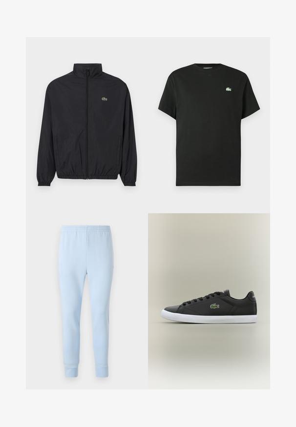 Čierna ľahká bunda s stojatým golierom, predným zipsom, elastickými manžetami a lemom. Obsahuje malé zelené logo Lacoste na hrudi.; Čierne bavlnené tričko s okrúhlym výstrihom, krátkymi rukávmi a zeleným vyšívaným logom na ľavej strane hrudníka. Hladká textúra, voľný strih.; Svetlo modré teplákové nohavice vyrobené z jemnej látky, s elastickým pásom a zúženými manžetami. Bez viditeľných vzorov alebo kovových akcentov.; Čierne kožené tenisky s bielou gumovou podrážkou, s logom zeleného krokodíla a okrúhlymi šnúrkami, elegantný dizajn s hladkou textúrou.