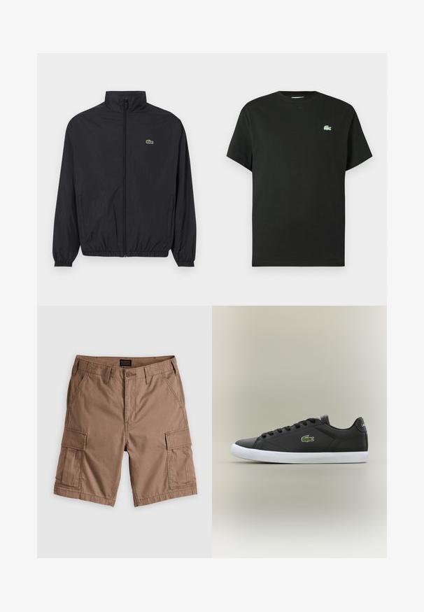 Fekete, könnyű dzseki álló gallérral, elülső cipzárral, rugalmas mandzsettákkal és aljjal. A mellkason egy kis zöld Lacoste logó található.; Fekete pamut póló kerek nyakkivágással, rövid ujjakkal, bal oldalon zöld hímzett logóval. Simaságú anyag, laza szabás.; Barna bakancs rövidnadrág, pamutból készült, több oldalsó zsebbel, gombos záródással és sima frontrésszel. Sima tapintás, laza stílus.; Fekete bőr sportcipők fehér gumitalppal, zöld krokodil logóval és kerek fűzőkkel, elegáns dizájn sima felülettel.