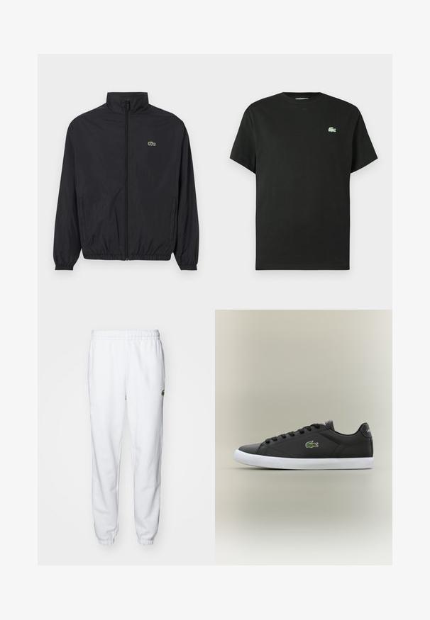 Black lightweight jacket with a stand collar, front zipper, elastic cuffs, and hem. Features a small green Lacoste logo on the chest.; Black cotton t-shirt with a crew neck, short sleeves, and a green embroidered logo on the left chest. Smooth texture, relaxed fit.; White fleece sweatpants with an elastic waistband and cuffs, featuring a green logo accent on the right side. Soft, smooth texture.; Black leather sneakers with white rubber sole, featuring a green crocodile logo and round laces, sleek design with smooth texture.