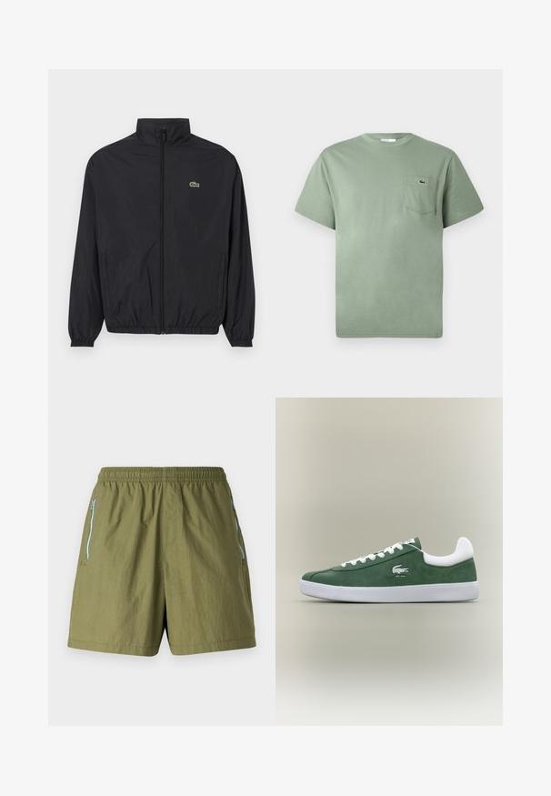 Jachetă ușoară de culoare neagră cu guler înalt, fermoar frontal, manșete elastice și tiv. Dispune de un mic logo verde Lacoste pe piept.; Tricou scurt din bumbac, de culoare verde deschis, cu mânecă scurtă, având un buzunar pe piept, decorat cu un mic logo brodat al unui crocodil.; Shorts verzi măslinii cu talie elastică, buzunare laterale cu fermoar și un material ușor, texturat.; Sneaker verde din suede cu profil jos, șireturi albe, talpă albă, guler căptușit la călcâi și logo-ul brodat al crocodilului cu textul "EST. 1933".