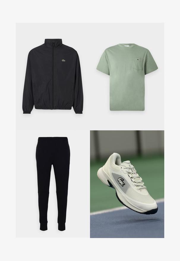 Musta kevyt takki, jossa on pystykaulus, edessä vetoketju, joustavat hihansuut ja helma. Rinnassa on pieni vihreä Lacoste-logo.; Vaaleanvihreä lyhythihainen puuvillainen T-paita, jossa on rintatasku ja pieni brodeerattu krokotiililogo.; Mustat collegehousut, jotka on valmistettu pehmeästä kankaasta, tapered-fit -mallilla, joustovyötäröllä ja ribatatuilla hihansuilla nilkoissa. Ei näkyviä kuvioita.; Valkoiset urheilukengät, joissa on verkkopäällinen, mustat yksityiskohdat, teksturoitu pohja ja silmiinpistävä logo sivussa, esitettynä kenttätaustalla.