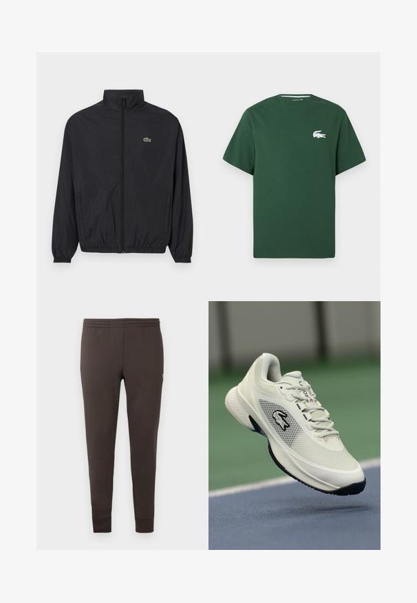 Černá lehká bunda s vysokým límcem, předním zipem, elastickými manžetami a lemem. Na hrudi se nachází malé zelené logo Lacoste.; Zelené bavlněné tričko s krátkými rukávy, kulatým výstřihem a bílým logem krokodýla na levé straně hrudníku. Hladká textura, ležérní design.; Tmavě hnědé tepláky vyrobené z měkké látky. Mají elastický pas a zúžené manžety. Minimalistický design bez vzorů.; Bílé sportovní tenisky s síťovinovým svrškem, černými akcenty, strukturovanou podrážkou a výrazným logem na boku, vystavené na pozadí hřiště.