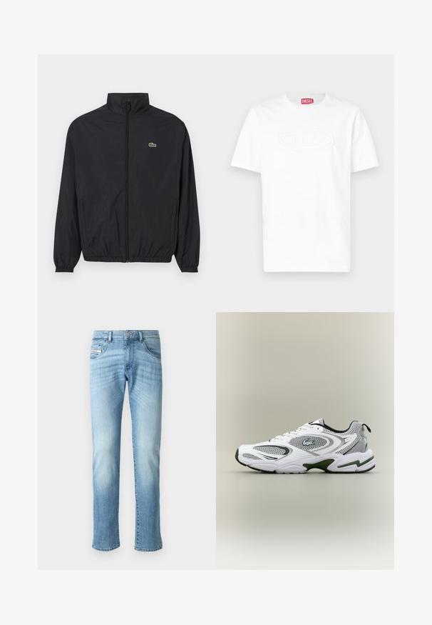 Juodas lengvas džemperis su stovinčiu apykakle, priekiniais užtrauktukais, elastingomis rankovėmis ir apačia. Bruožas - mažas žalias „Lacoste“ logotipas ant krūtinės.; Balta trumpomis rankovėmis, apvalia iškirpte, marškinėliai su iškilusiu ovaliu logotipu ant krūtinės ir raudona Diesel prekės ženklo etikete ant apykaklės vidinės pusės.; Šviesiai mėlyni tiesūs džinsai su išblukimo detalėmis, priekinis mygtukas ir penkių kišenių dizainas ant vientiso balto fono.; Baltos ir pilkos sportinės bėgimo bateliai su tinklinėmis detalėmis, žaliomis akcentais, juodais elementais ir logotipu šonėje, parodyti iš išorės.