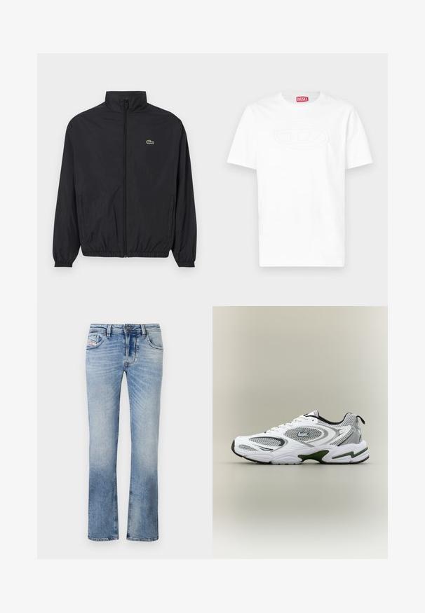 Svart lett jakke med stående krage, frontglidelås, elastiske mansjetter og hem. Har en liten grønn Lacoste-logo på brystet.; Hvit t-skjorte med korte ermer og rund hals, med preget ovalt logo på brystet og rød Diesel-merkelapp på innsiden av kragen.; Lyseblå denimjeans med rett ben-design, med frontlommer, glidelås og subtil falming gjennom stoffet.; Hvit og grå sporty løpesko med mesh-paneler, grønne detaljer, svarte elementer og en logo på siden, vist fra utsiden.