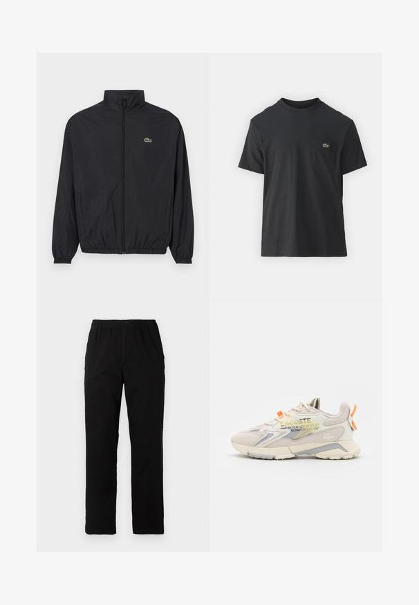 Must värvusega kerge jakk seisva kaelusega, ees lukuga, elastsete mansettide ja äärega. Rinnal on väike roheline Lacoste logo.; Must musta T-särk lühikeste varrukatega, ümmarguse kaelusega ja väikese rohelise logoga vasakus rinnataskus. Lihtne disain, regulaarne lõige.; Mustad mustreid, puuvillast segakanga valmistatud mustad püksid, mis on sirge lõikega, elastse vöökoht ja nööp, ilma nähtavate mustrite või aktsentideta.; Heledad helebeige spordijalatsid, mis on valmistatud võrkmaterjalist ja suedest, oranžide ja hallide detailidega, millel on tekstuuriga tallad ja logo.