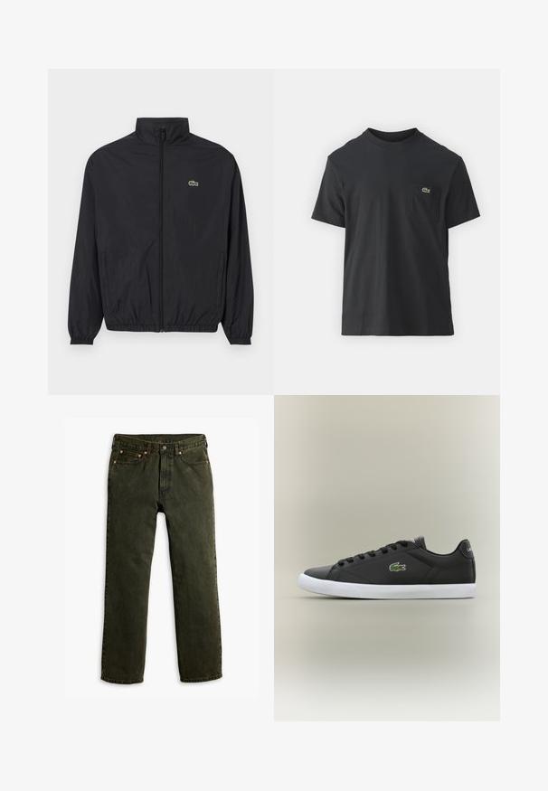Melna viegla jaka ar stāvu apkakli, priekšējo rāvējslēdzēju, elastīgām piedurknēm un apakšu. Jaka ir ar mazu zaļu Lacoste logo uz krūšu.; Melnas kokvilnas T-krekls ar īsām piedurknēm, apaļu kakla izgriezumu un mazu zaļu logotipu kreisajā krūšu kabatē. Vienkāršs dizains, regulāra piegriezuma.; Levi's® 565 LOOSE STRAIGHT - Brīvi džinsi - flying solo od; Melnas ādas sporta apavas ar baltu gumijas zoli, rotāts ar zaļu krokodila logotipu un apaļām šņorēm, elegants dizains ar gludu tekstūru.