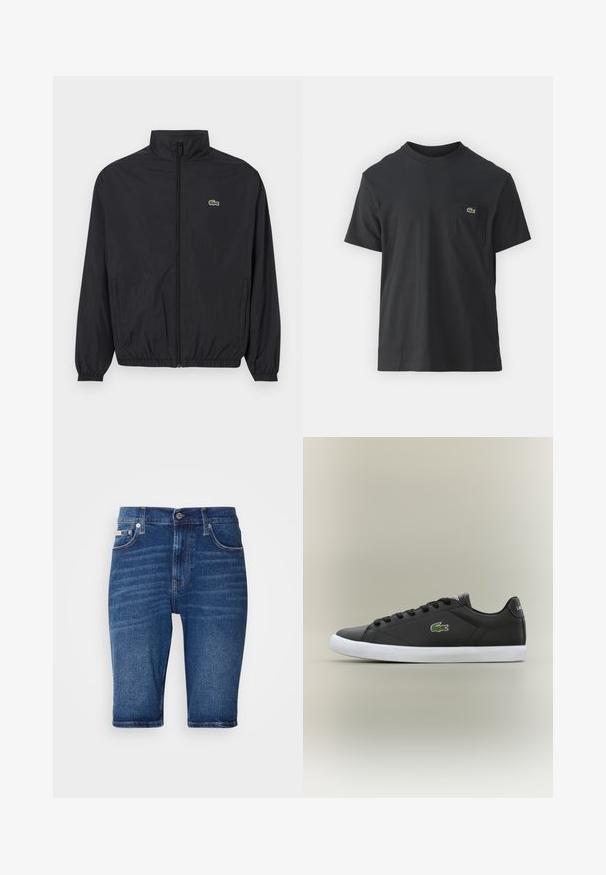 Musta kevyt takki, jossa on pystykaulus, edessä vetoketju, joustavat hihansuut ja helma. Rinnassa on pieni vihreä Lacoste-logo.; Mustat puuvillapaidat, joissa on lyhyet hihat, pyöreä pääntie ja pieni vihreä logo vasemmassa rintataskussa. Yksinkertainen muotoilu, normaali istuvuus.; Siniset farkkushortsit suoran leikkauksen, viiden taskun ja näkyvien ompeluyksityiskohtien kanssa. Materiaali on sileä ja siinä on hienovaraisia haalistumia.; Mustat nahkakengät valkoisella kumipohjalla, jossa on vihreä krokotiililogo ja pyöreät nauhat, sulavalinjainen muotoilu sileällä pinnalla.