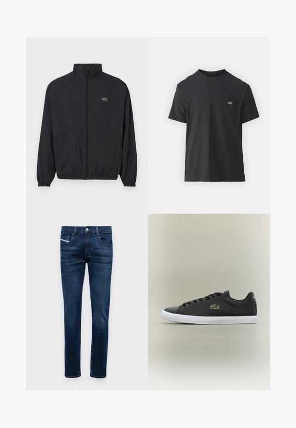Melna viegla jaka ar stāvu apkakli, priekšējo rāvējslēdzēju, elastīgām piedurknēm un apakšu. Jaka ir ar mazu zaļu Lacoste logo uz krūšu.; Melnas kokvilnas T-krekls ar īsām piedurknēm, apaļu kakla izgriezumu un mazu zaļu logotipu kreisajā krūšu kabatē. Vienkāršs dizains, regulāra piegriezuma.; Vīriešu tumši zilie pieguļošie džinsi ar piecām kabatām, pogu aizdari un nemanāmu izbalēšanu uz augšstilbiem un ceļgaliem.; Melnas ādas sporta apavas ar baltu gumijas zoli, rotāts ar zaļu krokodila logotipu un apaļām šņorēm, elegants dizains ar gludu tekstūru.