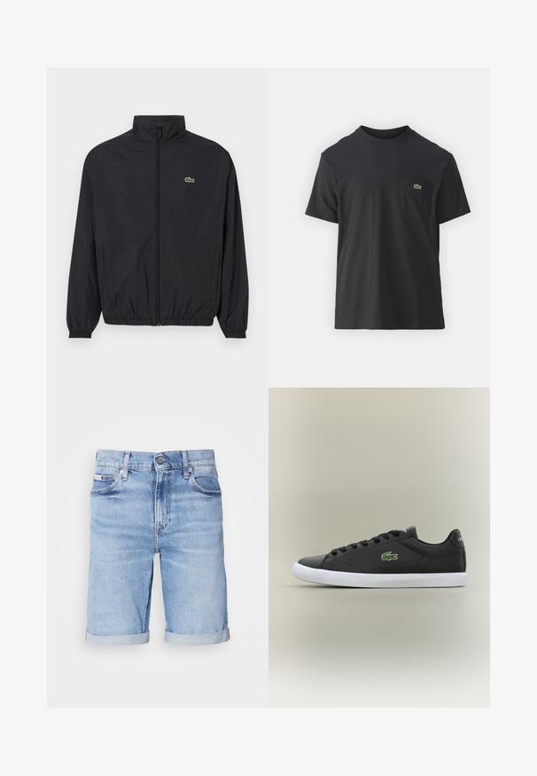 Juodas lengvas džemperis su stovinčiu apykakle, priekiniais užtrauktukais, elastingomis rankovėmis ir apačia. Bruožas - mažas žalias „Lacoste“ logotipas ant krūtinės.; Juodas medvilninis marškinėliai trumpomis rankovėmis, apvaliu iškirpimu ir maža žalia logo kairėje krūtinės kišenėje. Paprastas dizainas, reguliaraus pjaustymo.; Šviesiai mėlynos džinsinės šortai su tiesiu kirpimu, apvartu, penkių kišenių dizainu ir vienu mygtuku juosmens užsegimui.; Juodos odinės sportbačiai su baltais guminiais padais, turintys žalią krokodilo logotipą ir apvalias raišteles, elegantiškas dizainas su lygia tekstūra.