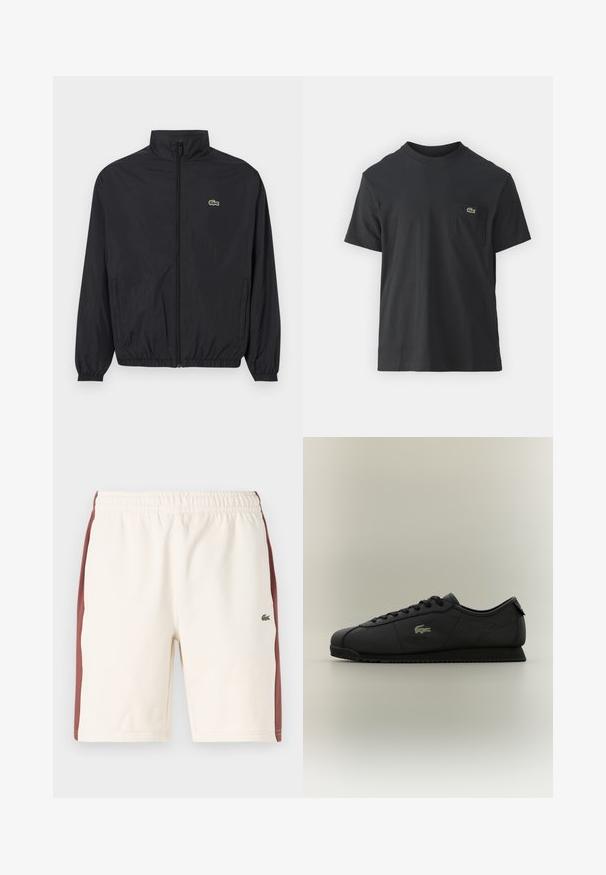 Juodas lengvas džemperis su stovinčiu apykakle, priekiniais užtrauktukais, elastingomis rankovėmis ir apačia. Bruožas - mažas žalias „Lacoste“ logotipas ant krūtinės.; Juodas medvilninis marškinėliai trumpomis rankovėmis, apvaliu iškirpimu ir maža žalia logo kairėje krūtinės kišenėje. Paprastas dizainas, reguliaraus pjaustymo.; Kremiški medvilniniai šortai su raudonai ruda šoninių panelių. Yra elastinga juostos juosta ir mažas žalias siuvinėtas logotipas. Klasikinis, laisvas siluetas.; Juodos žemos klasės sportbačiai su raištelių užsegimu, tekstūruotu padu ir auksiniu krokodilo logotipu šone.