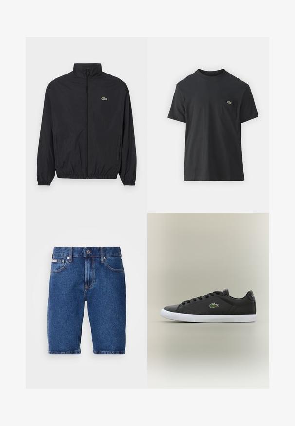 Černá lehká bunda s vysokým límcem, předním zipem, elastickými manžetami a lemem. Na hrudi se nachází malé zelené logo Lacoste.; Černé bavlněné tričko s krátkým rukávem, kulatým výstřihem a malým zeleným logem na levé kapse. Jednoduchý design, klasický střih.; Džínové šortky v tmavě modré barvě, s klasickým designem pěti kapes, viditelným prošitím a rovný střih s délku po kolena.; Černé kožené tenisky s bílou gumovou podrážkou, se zeleným logem krokodýla a kulatými tkaničkami, elegantní design s hladkým povrchem.