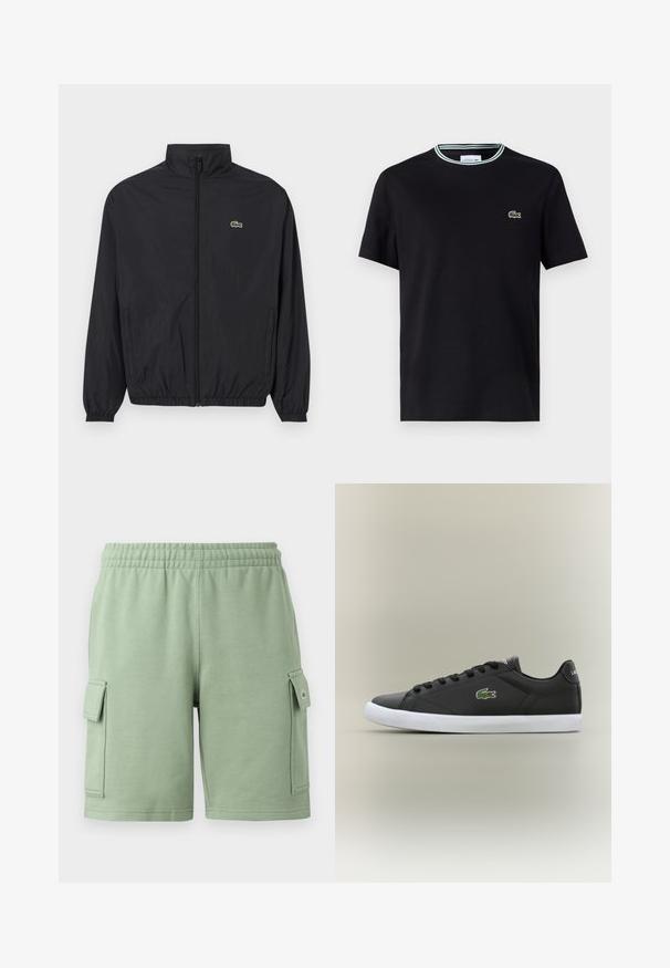 Czarna, lekka kurtka z stójką, zamkiem błyskawicznym z przodu, elastycznymi mankietami i dolnym wykończeniem. Posiada małe zielone logo Lacoste na piersi.; Czarna bawełniana koszulka z okrągłym dekoltem, z białym i zielonym paskiem wykończeniowym oraz wyszywanym zielonym logo krokodyla po lewej stronie klatki piersiowej.; Zielone bawełniane szorty z elastycznym pasem, dwiema bocznymi kieszeniami cargo oraz małym detalem z logo na lewej kieszeni.; Czarne skórzane sneakersy z białą gumową podeszwą, z zielonym logo krokodyla i okrągłymi sznurówkami, o smukłym designie i gładkiej fakturze.